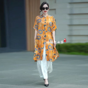 2025夏季新款复古印花中长款连衣裙阔腿裤宽松大码洋气减龄两件套