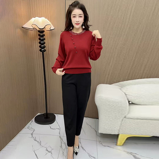 高档酒红色羊毛绒衫2025秋冬新中式圆领毛衣洋气妈妈针织打底上衣