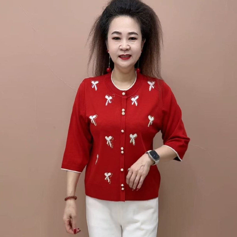 高品质！七分袖蝴蝶结冰丝针织衫