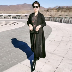 高端重工烫钻开衫外套冰麻针织婚宴礼服V领长款连衣裙气质两件套