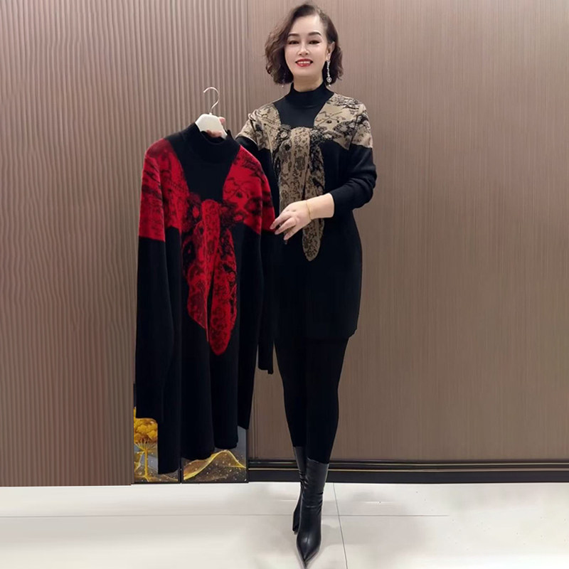 时尚洋气针织大版衫秋冬宽松小个子妈妈装弹力加厚中长打底裙毛衣