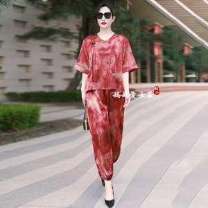 新中式国风真丝大码200斤妈妈减龄两件套2025夏季新款上衣+阔腿裤