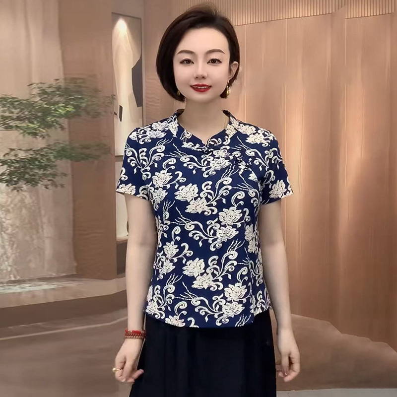 新中式复古国风盘扣旗袍小衫短款小个子妈妈装弹力大码洋气上衣女
