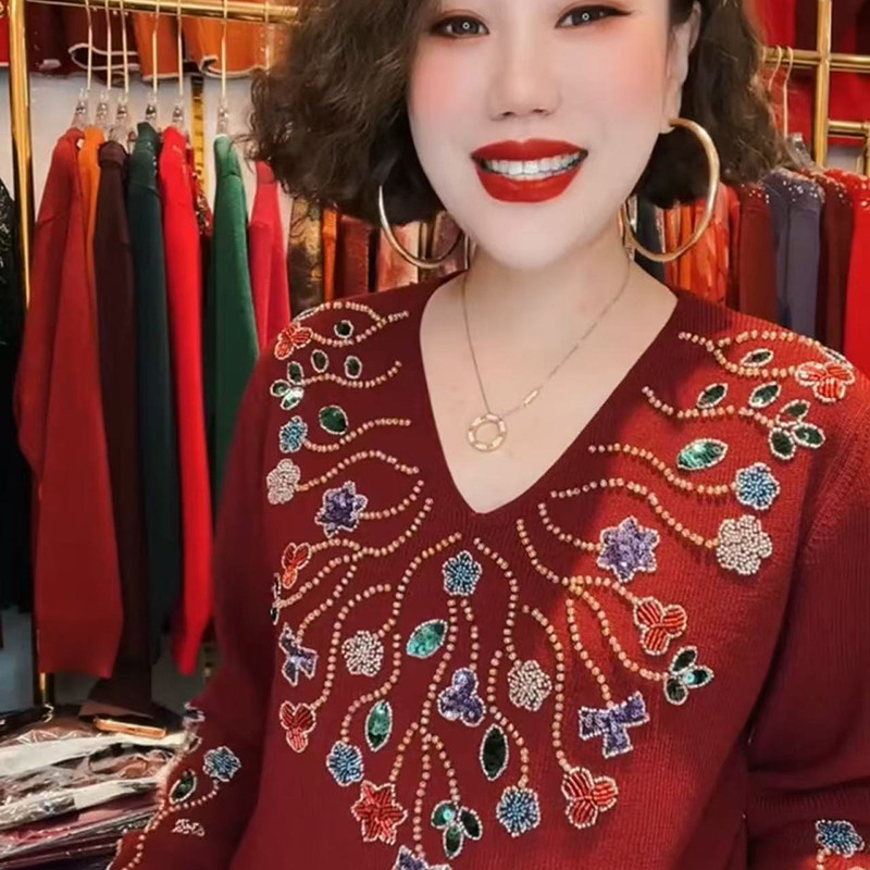 高品质!重工镶钻花朵针织打底衫