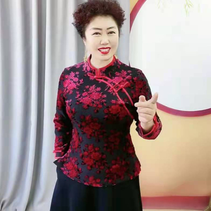 中老年妈妈上衣女植绒烧花民族秋冬新款显瘦大码时尚盘扣旗袍小衫