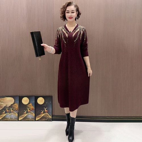 气质妈妈镶钻连衣裙针织打底长裙