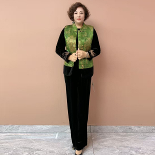 套装 秋冬新款 宽松马甲坎肩大码 国风洋气丝绒马夹时尚 中年妈妈中式