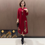 喜婆婆精美刺绣改良旗袍秋冬长款连衣裙结婚宴礼服妈妈针织羊毛裙