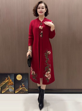 喜婆婆刺绣旗袍连衣裙针织羊毛裙