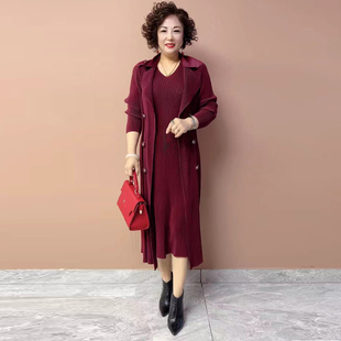 三宅褶皱西装领假两件风衣裙收腰显瘦长裙春秋新款大码连衣裙套装