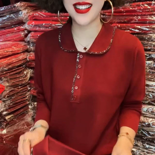 2025秋冬新款中老年妈妈装冰麻衫女POLO翻领宽松大码纯色减龄毛衣