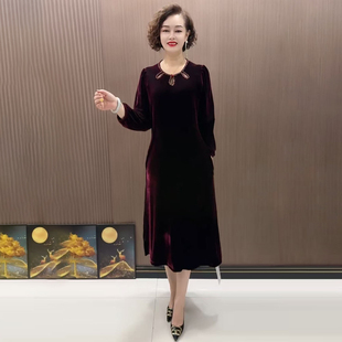 气质过膝长裙子 遮肚显瘦纯色A版 重工钉珠丝绒连衣裙秋冬新款 大码