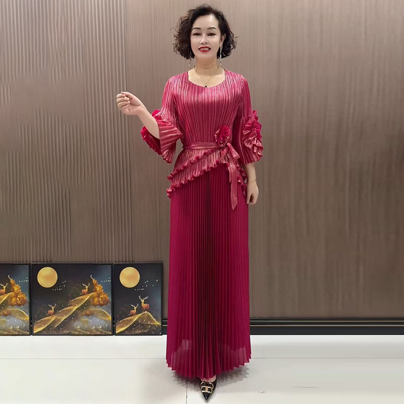 大码百褶上衣+长款半身裙两件套