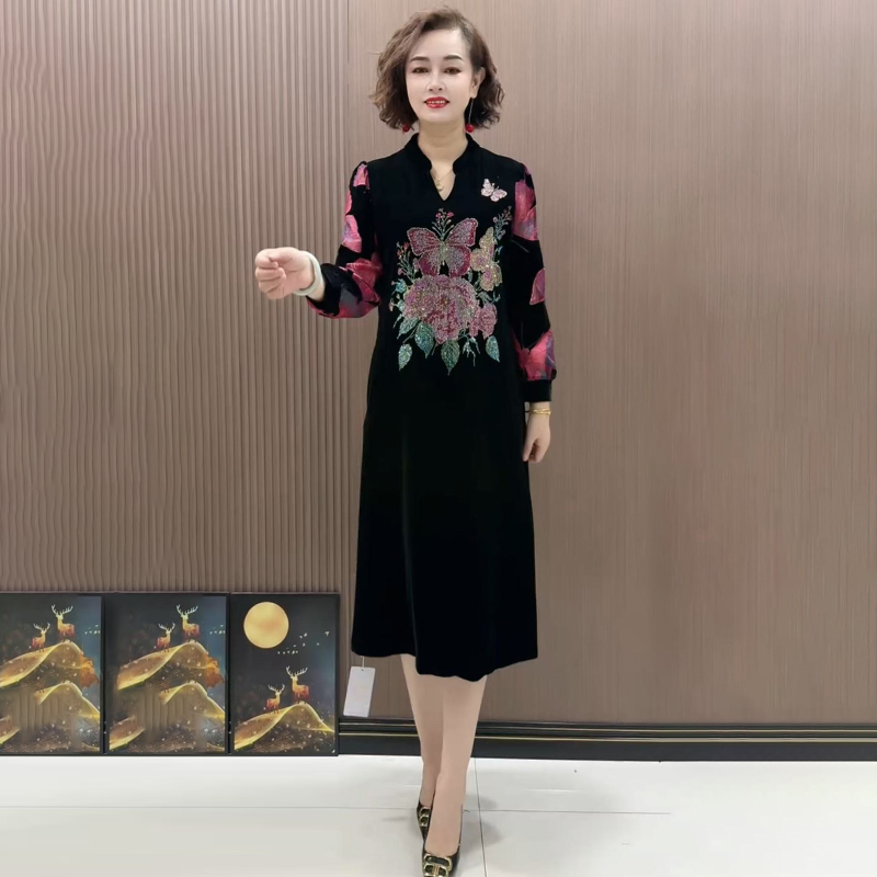 重工烫钻丝绒旗袍裙妈妈打底长裙