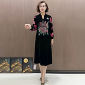 秋冬气质重工烫钻旗袍连衣裙中年妈妈装 长裙 丝绒宽松大码 时尚 长袖