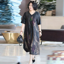 大码200斤真丝连衣裙2025夏季新款宽松遮肚子中长裙印花过膝长裙