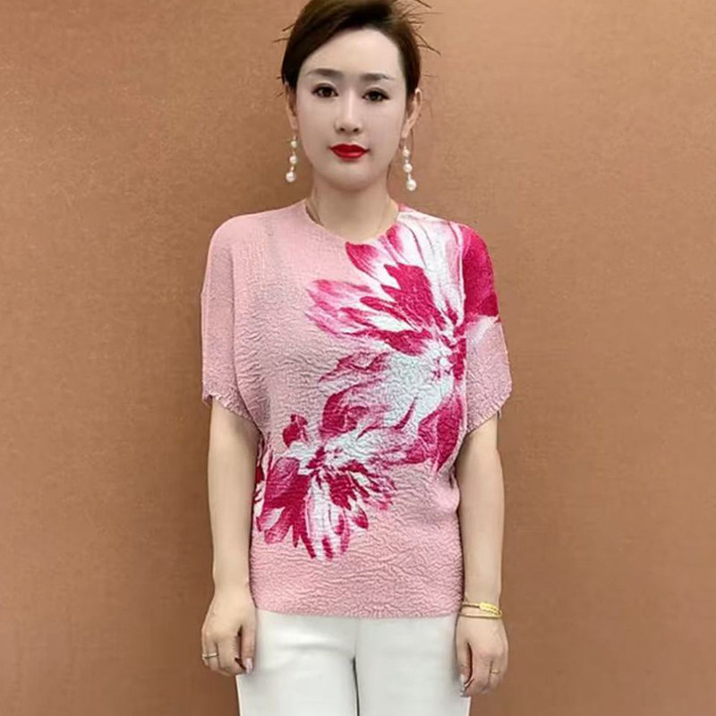 三宅风褶皱上衣女夏季薄款宽松T恤蝙蝠袖女装高档印花衫遮肚小衫