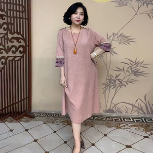春秋新款七分袖冰麻针织连衣裙时尚气质宽松显瘦减龄修身中长裙子