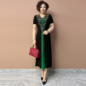 夏季 新款 高端中老年妈妈连衣裙长款 专柜同款 V领镶钻大码 遮肉裙子