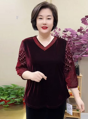 真丝绒烫钻妈妈旗袍衫上衣打底衫