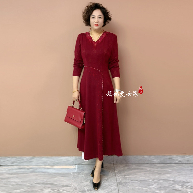 喜妈妈宴会礼服2025年秋冬季长袖连衣裙高贵夫人遮肚长裙打底裙子