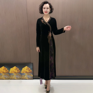 气质妈妈丝绒烫钻连衣裙秋冬款A版遮肚显瘦撞色过膝长裙日常礼服
