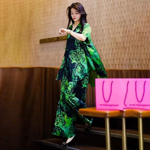 高端欧货夏季复古真丝套装时尚加肥加大码200斤阔腿裤气质两件套