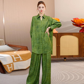 气质复古两件套装 2026春季 200斤新中式 翻领醋酸提花衬衫 新款 大码