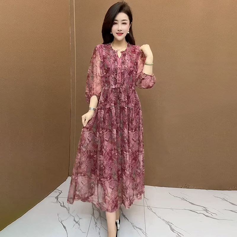 中年妈妈时尚台湾纱连衣裙2026夏季新款腰围可调显瘦大码碎花裙子