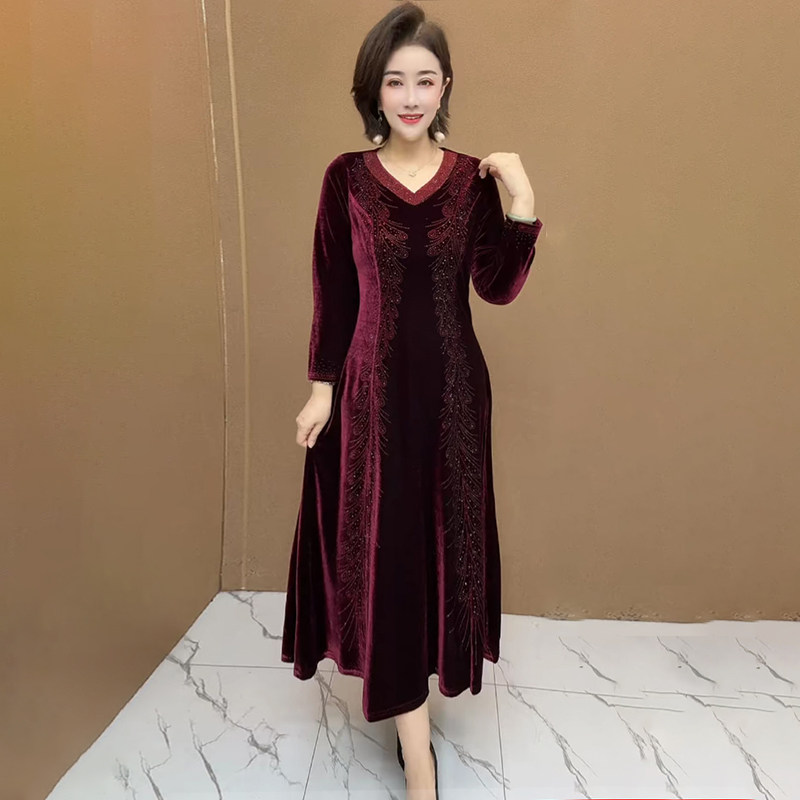 高品质!中年妈妈丝绒烫钻连衣裙