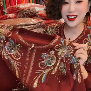重工刺绣镶钻带花纹针织衫开衫女短款洋气妈妈装宽松显瘦打底上衣