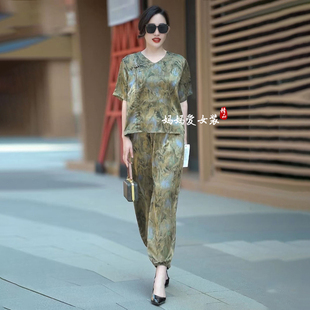 复古妈妈洋气真丝套装2025新款中老年女装阔太太两件套上衣+裤子