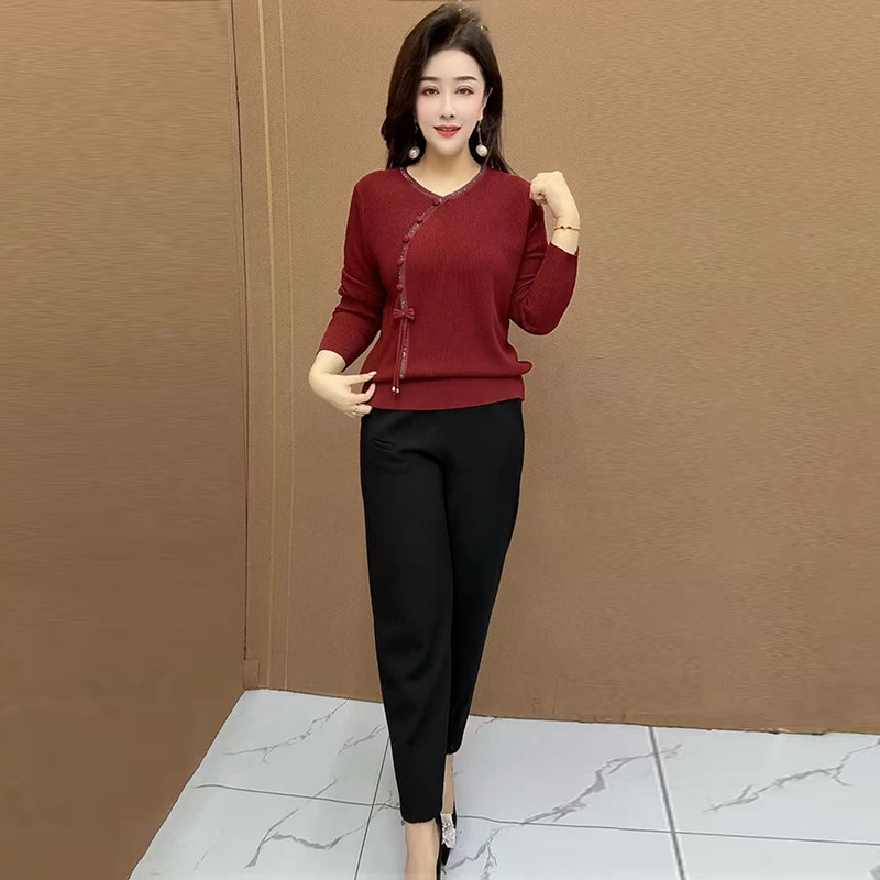 时尚大码中年妈妈秋冬焦麻衫V领毛衣女宽松洋气国风针织打底上衣,女装/女士精品,毛针织衫,淘宝优惠券,粉丝福利购,淘宝优惠卷