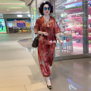 复古妈妈洋气真丝套装2025新款中老年女装阔太太两件套上衣+裤子