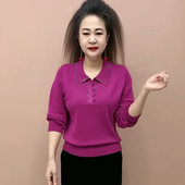 新款 洋气减龄翻领钉扣纯色冰丝百搭针织衫 长袖 春季 毛衣大码 上衣女