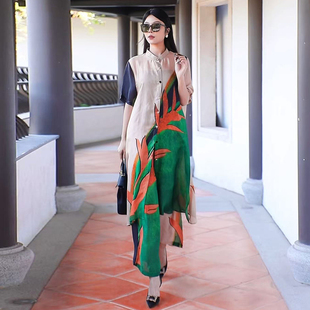 阔腿裤 25夏季 开衫 宽松飘逸气质文艺复古天丝印花中长款 两件套 新款