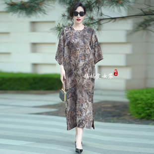 气质遮肉印花过膝长裙子 高端轻奢大码 宽松连衣裙2025夏季 新款 时尚