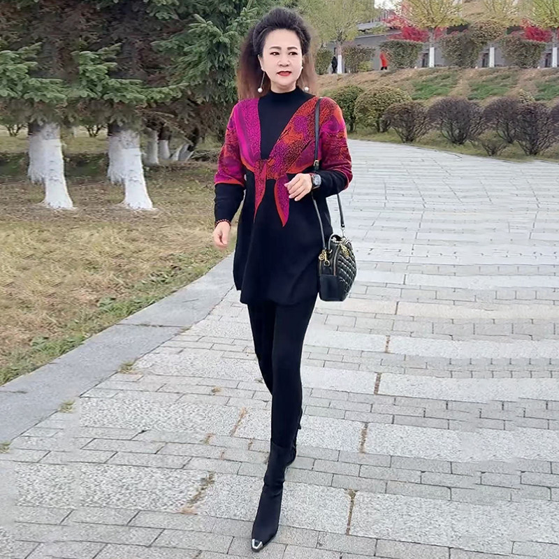 时尚大码半高领中长款针织衫妈妈装秋冬长袖宽松弹力毛衣打底裙子