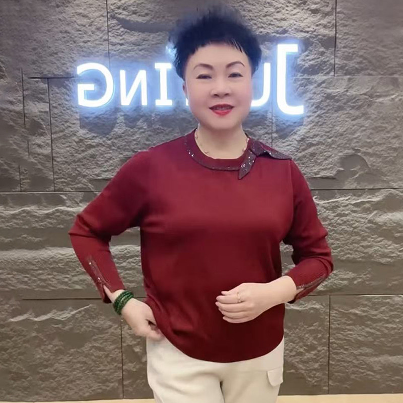春季冰麻针织打底衫纯色妈妈上衣