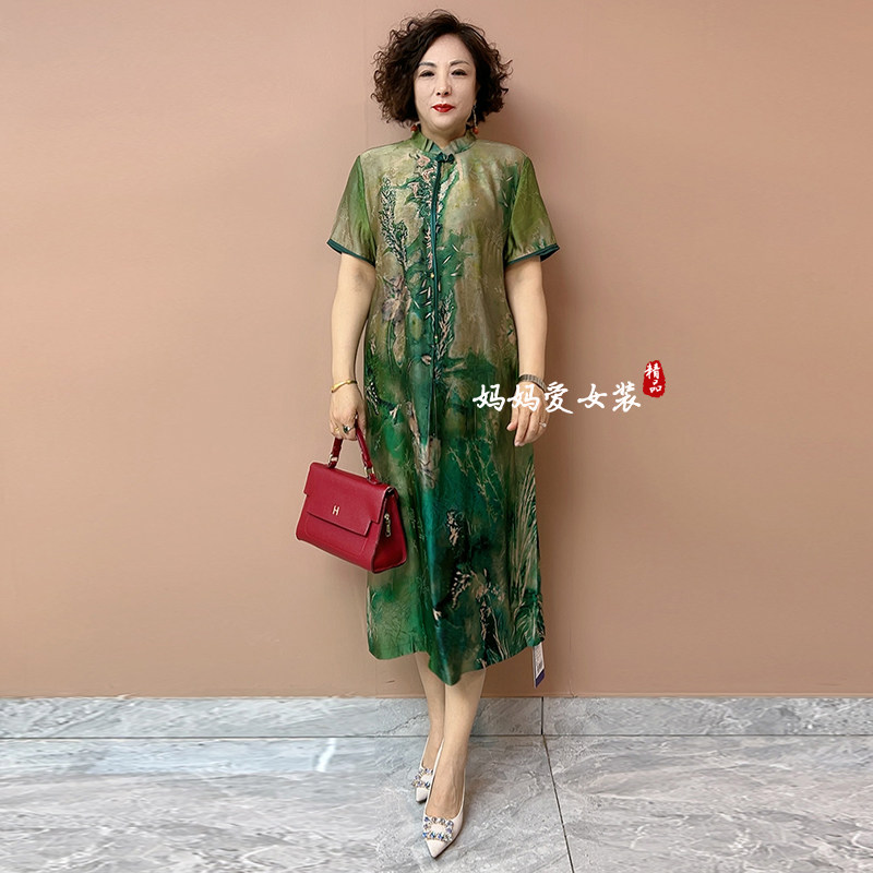 新中式国风香云纱绣花妈妈连衣裙