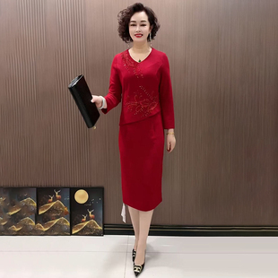 喜婆婆婚宴装2026春秋新款婚礼礼服红色结婚妈妈长袖丈母娘连衣裙