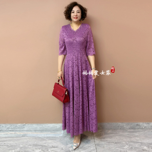 气质妈妈蕾丝烫钻连衣裙夏季 200斤不断腰弹力显瘦大摆长裙子 大码