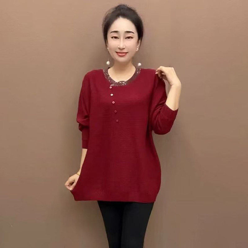 时尚烫钻圆领小扣针织连衣裙女士秋冬新款长袖显瘦百搭毛衣打底衫