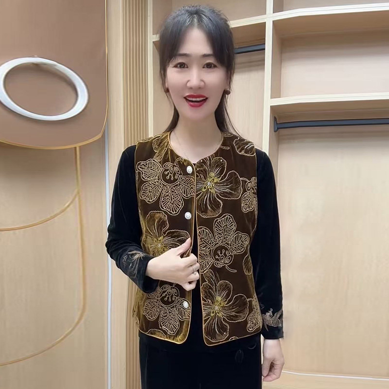 高品质!国风刺绣丝绒夹棉马甲女
