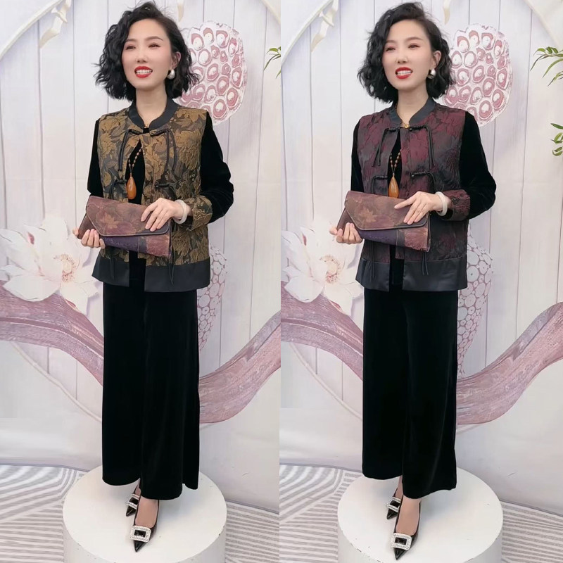 中年妈妈国风流苏提花马甲两件套