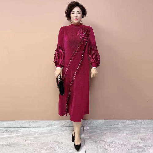 弹力大码连衣裙立体花褶皱长裙子