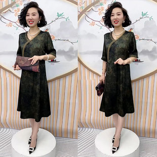 洋氣改良旗袍真絲連衣裙中老年女復古時尚 過膝裙子 媽媽夏裝 新中式
