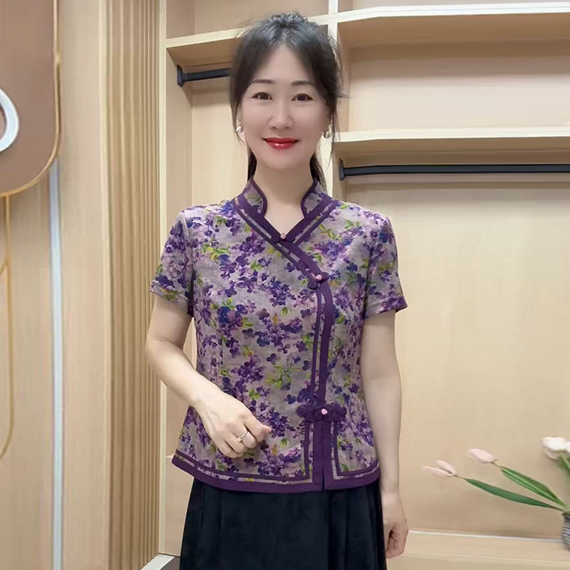 2025夏装短袖弹力小衫妈妈装上衣改良中式国风显瘦大码旗袍打底衫