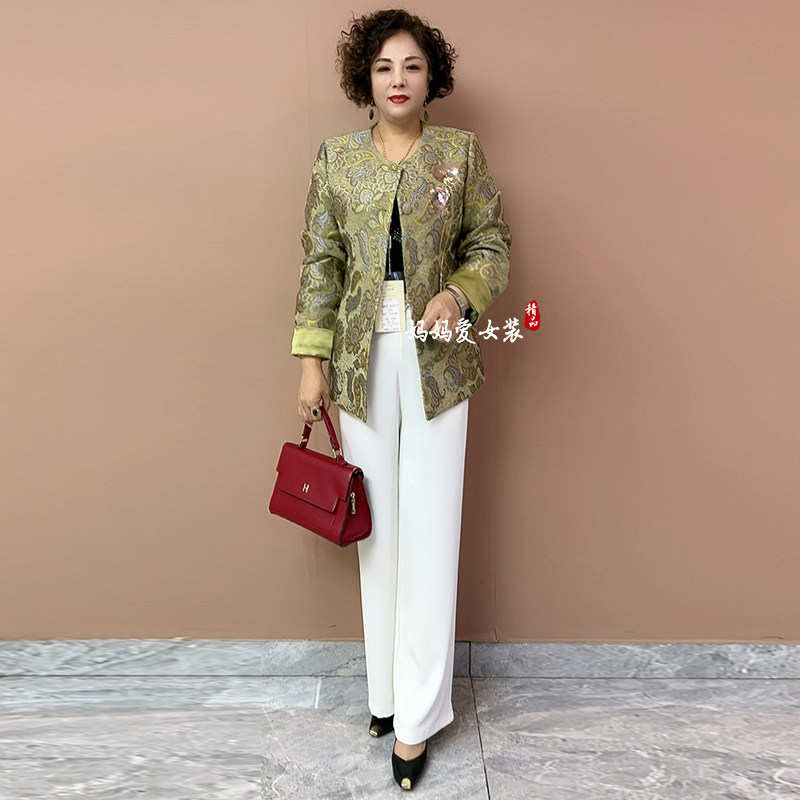 中式国风妈妈春装外套2026新款时尚中年圆领花色夹克中老年女上衣