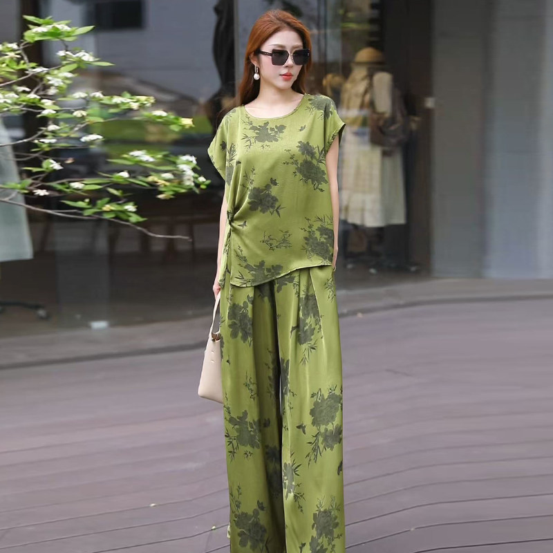 夏季新款时尚大码宽松短袖阔腿裤醋酸套装气质显瘦妈妈装两件套女